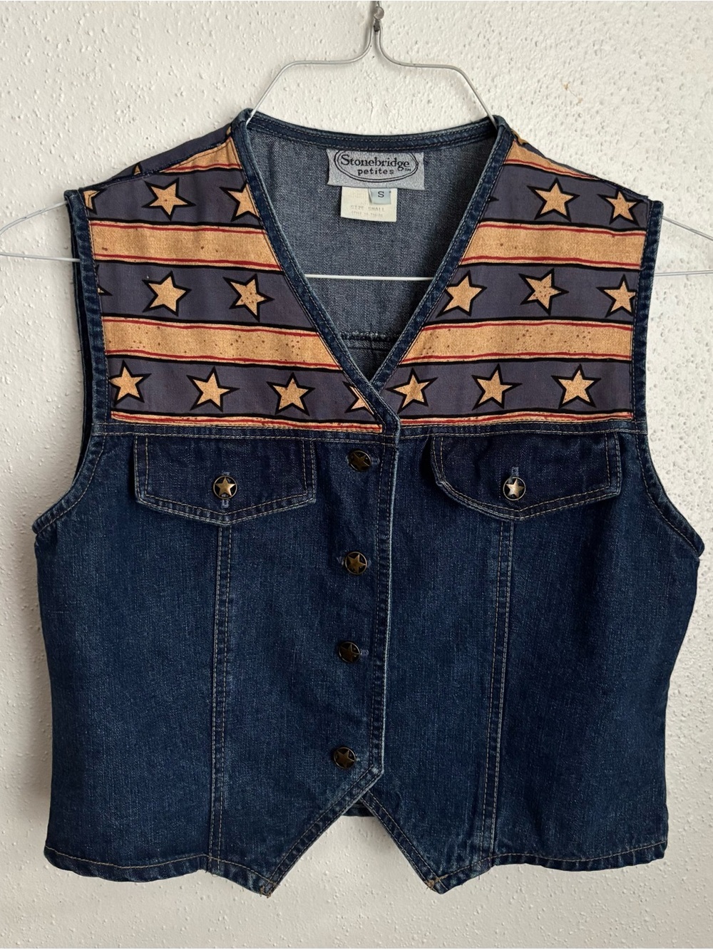 Vintage Stonebridge Denim Vest with Star Stripe Yoke - Navy & Tan